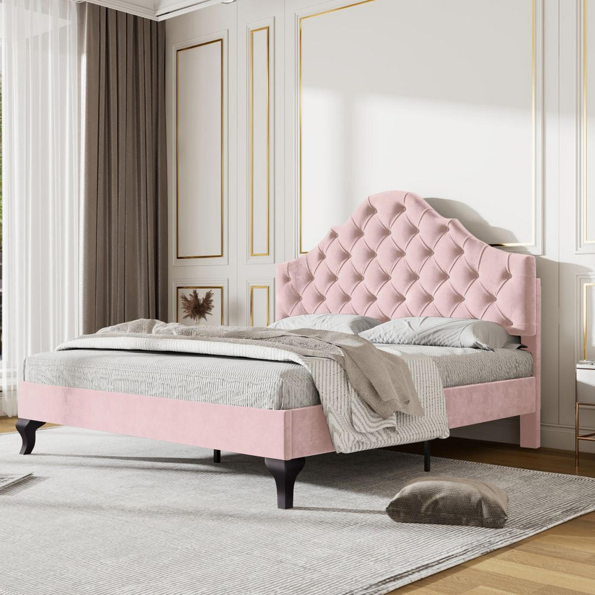 POLSTERBETT 140/200 cm in Rosa Samt,Höhenverstellbares - Pink, Holz/Textil (140/200cm) - KOMHTOM