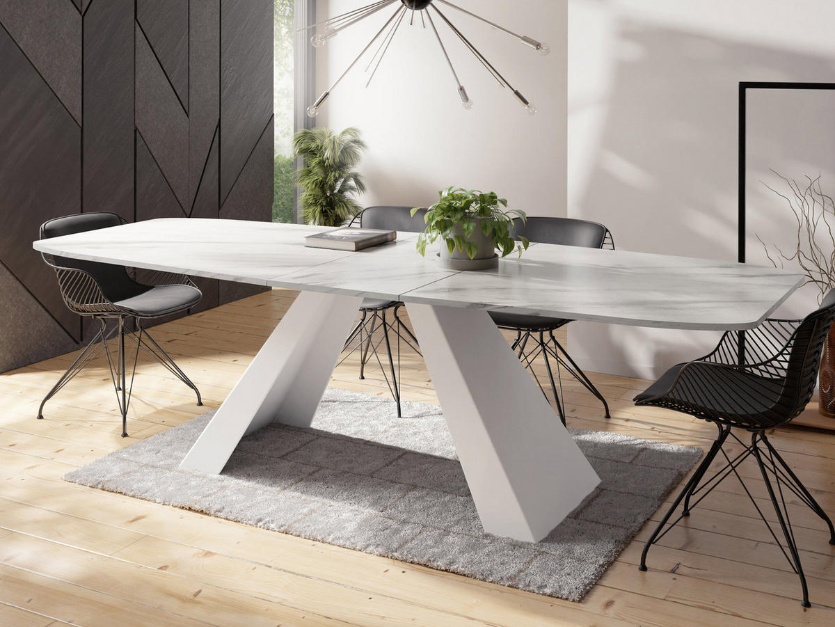 ESSTISCH Monte Weiß rechteckig ausziehbar, Marmor Weiß 180-220/90/76 cm - Ecru/Weiß, Holzwerkstoff/Metall (90/218/76cm) - WFL GROUP