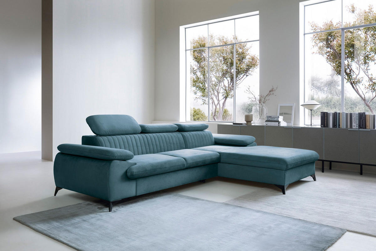 ECKSOFA FIORE Blau Velours-Stoff mit Schlaffunktion - Blau, Holz (280/193cm) - MASSENO