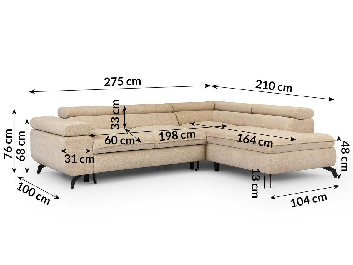 ECKSOFA mit Schlaffunktion und Bettkasten Bonnie aus Taupe Chenille-Stoff mit verstellbaren Kopfstützen und Armlehne - Ottomane rechts - Taupe/Schwarz, Holz/Textil (275/210cm) - S-Style Möbel