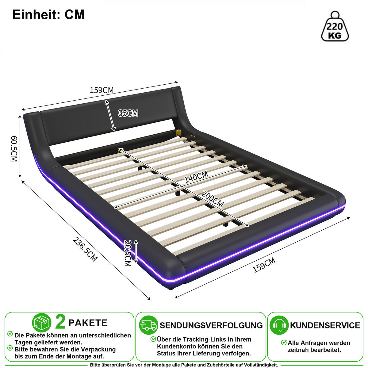 NÍZKÁ POSTEL 140/200 cm v černé barvě s LED osvětlením z PU - černá, kov/kompozitní dřevo (140/200cm) - CHICFURN
