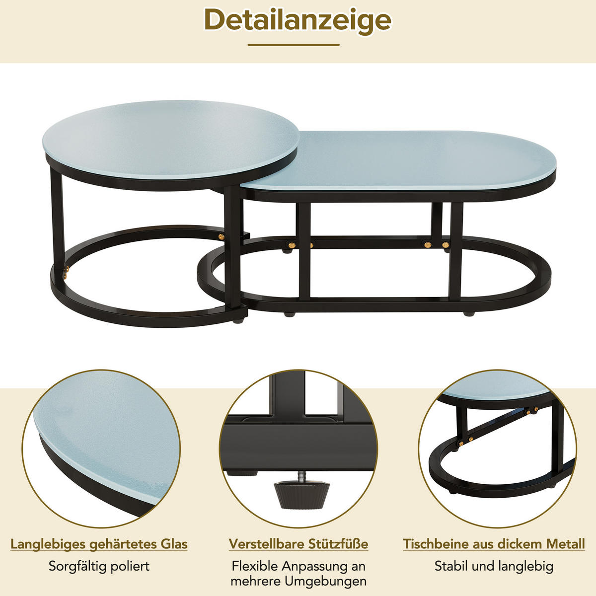 LOUNGESET 5er Seil Beige Mit Verstellbaren Füßen & Glastisch - Beige, Metall - FLIEKS