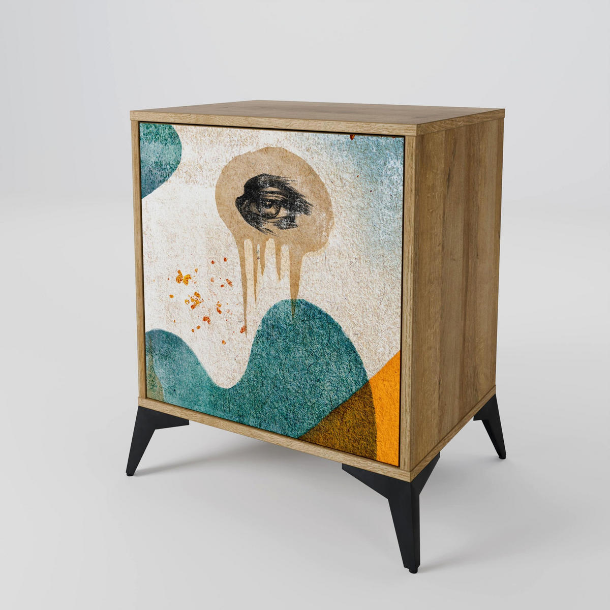 SIDEBOARD ABSTRACT FACES, Eichefarben, 57,5x42x77,5 cm, Schräge Buchenholzfüße - Eichefarben/Buchefarben, Holzwerkstoff/Buchenholz (57.5/77.5/42cm) - SpaceRebels