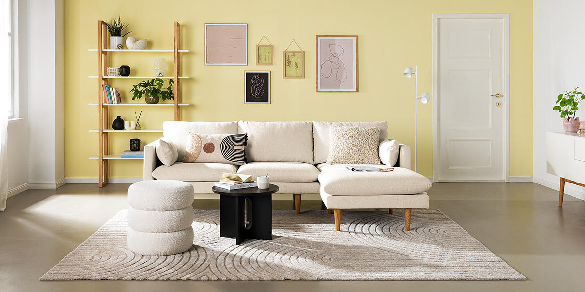 ECKSOFA mit Longchair - Webstoff - Beige/Buchefarben, Holz/Buchenholz (242/150cm) - home24