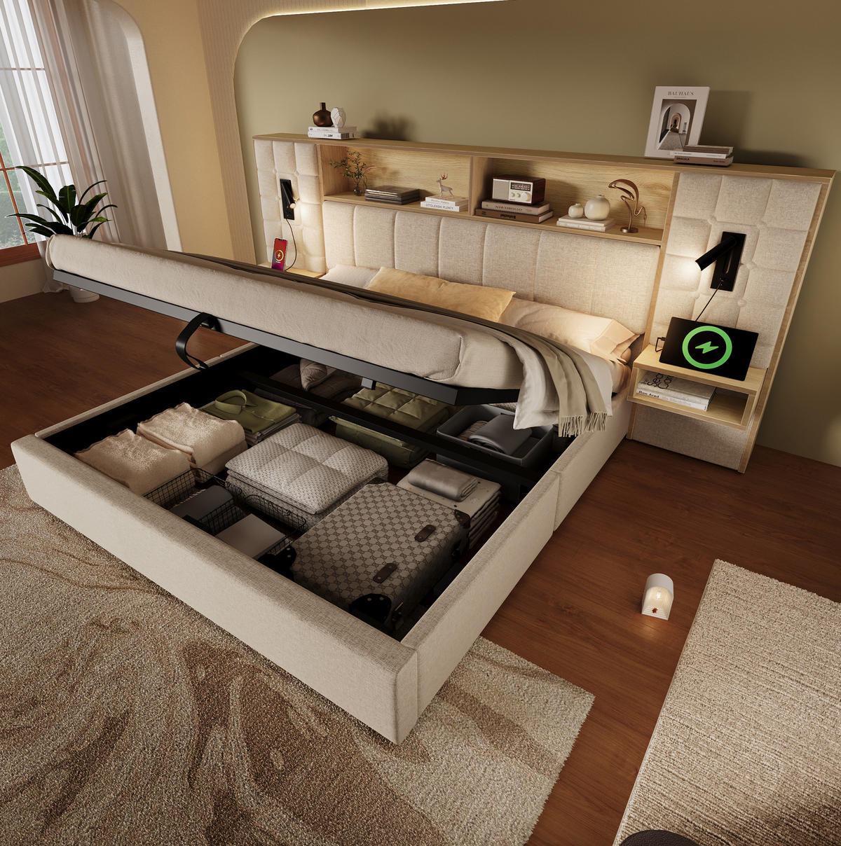 POLSTERBETT 180/200 cm aus Leinen mit Stauraum LED-Leselampen und Nachttischen Beige - Beige, Textil (180/200cm) - Modenvie