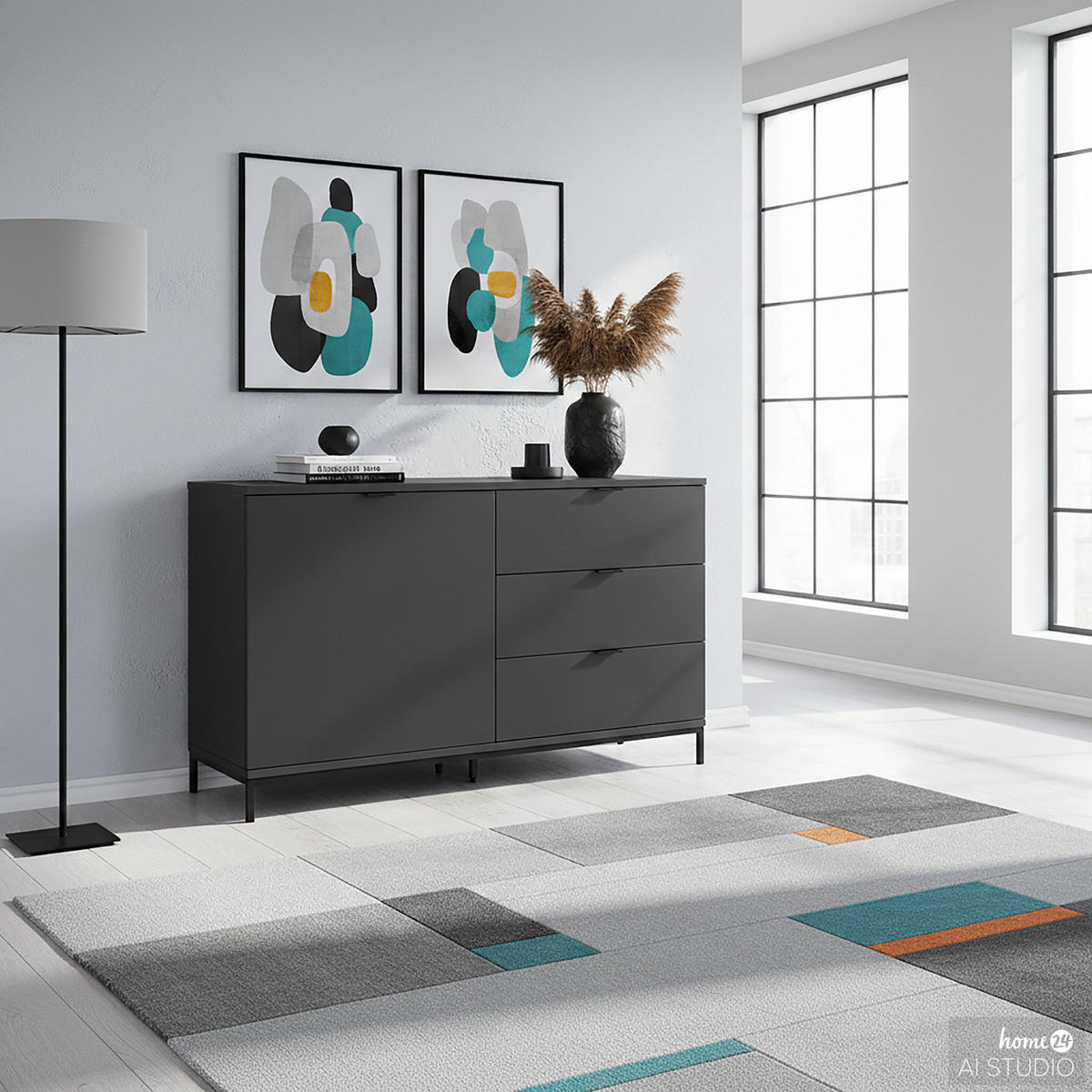 KOMMODE - Metall / MDF - 120 cm - Dunkelgrau/Schwarz, Holzwerkstoff/Metall (120/74/40cm) - home24