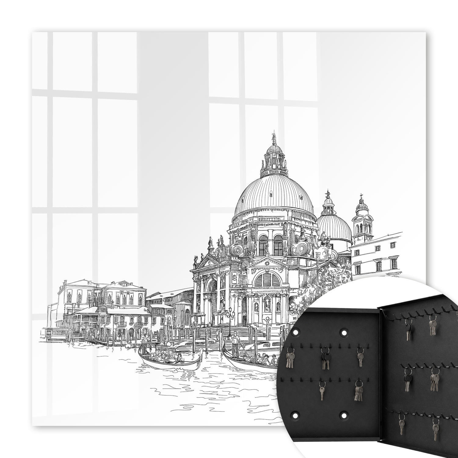 SCHLÜSSELBOX Schwarz 30x30 cm- Türöffnung nach rechts - Venedig-Linien - Weiß, Metall (30/30/5cm) - TULUP