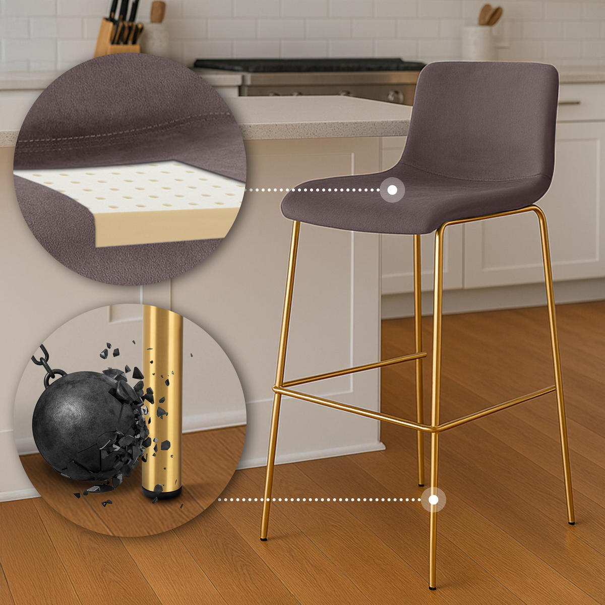 BARHOCKER Samt Braun - Goldfarben/Braun, Textil/Metall (43/100/48cm) - CLP