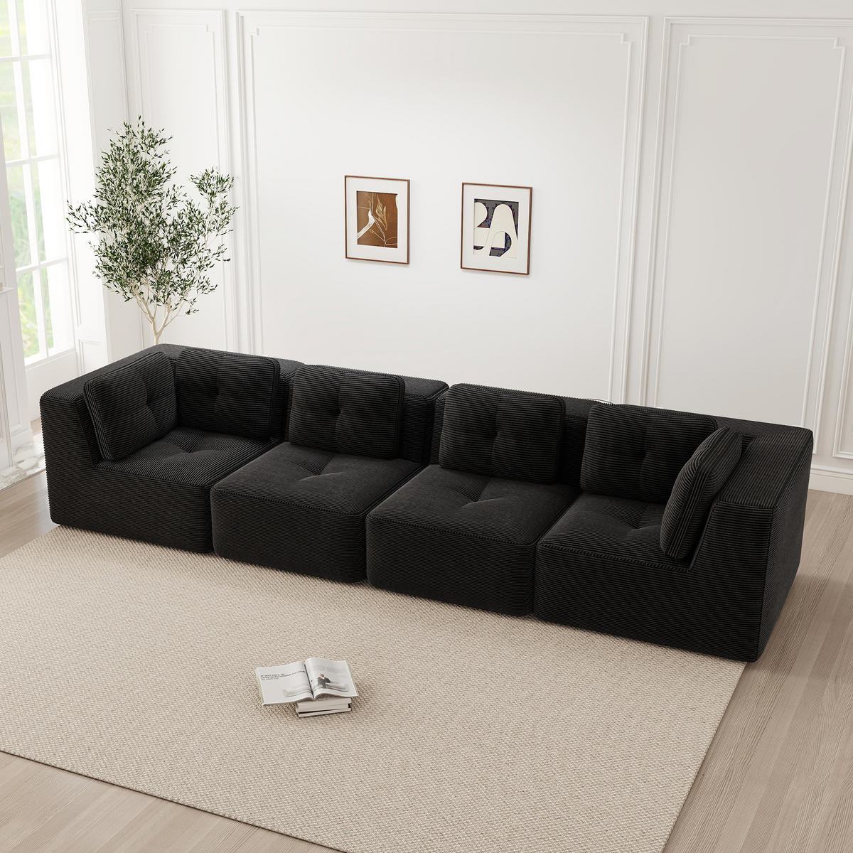 4-SITZER Sofa 386x104x69 cm aus Cordstoff rahmenlos modular, schwarz - Schwarz, Textil (104/69/386cm)