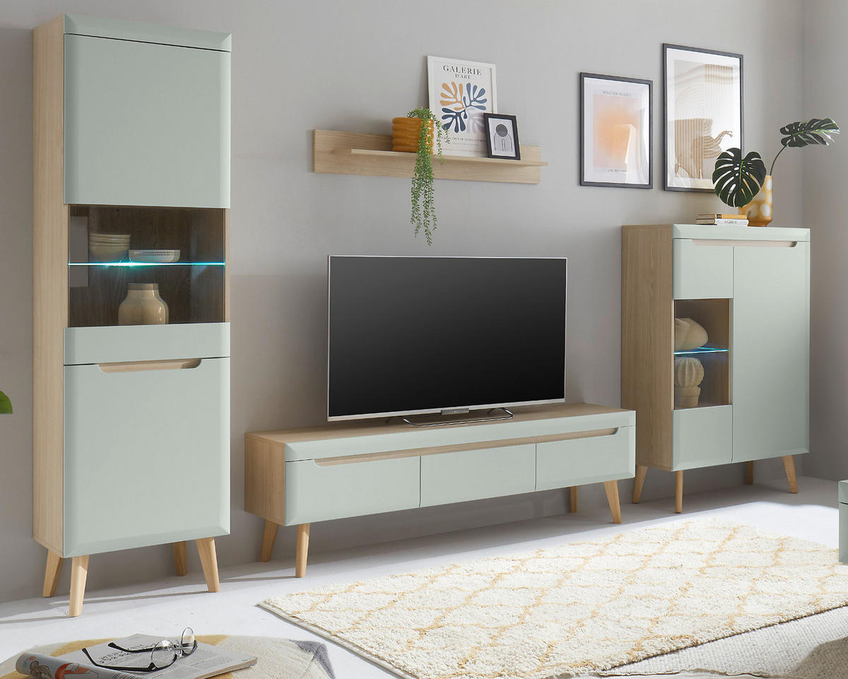 WOHNWAND 4-teilig pistazie grün, Eiche, skandinavisch 343 cm, Schrankwand mit Soft-Close - Eichefarben/Pastellgrün, Glas/Eichenholz (343/197/40cm) - Furn.Design