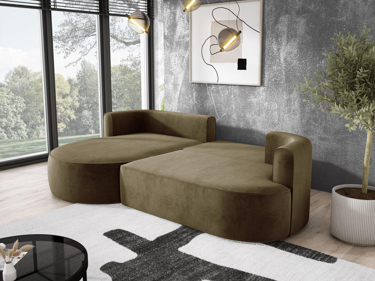 ECKSOFA FIORE L-förm Moderne Ausziehbare Schlaf-Funktion, automatischer Auffaltung, lose Rückenkissen freistehend LINKS 284x183x82cm Green - Grün, Holz/Textil (183/284cm) - DomoHome