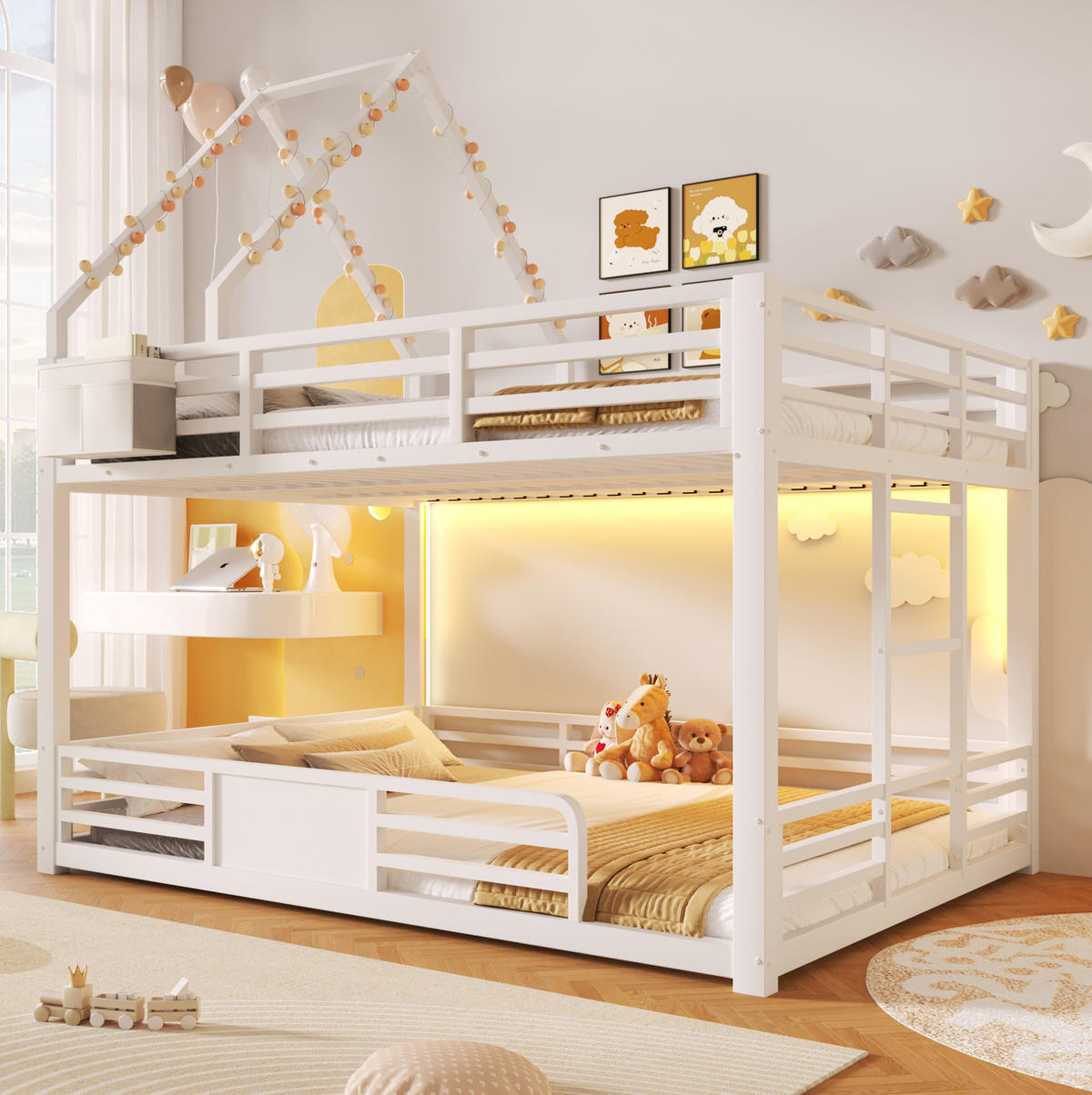 ETAGENBETT Metall & MDF 140x200 cm Weiß mit LED-Beleuchtung, Hausbett-Design und Stofftaschen - Weiß, Metall (140/200cm) - Modfu