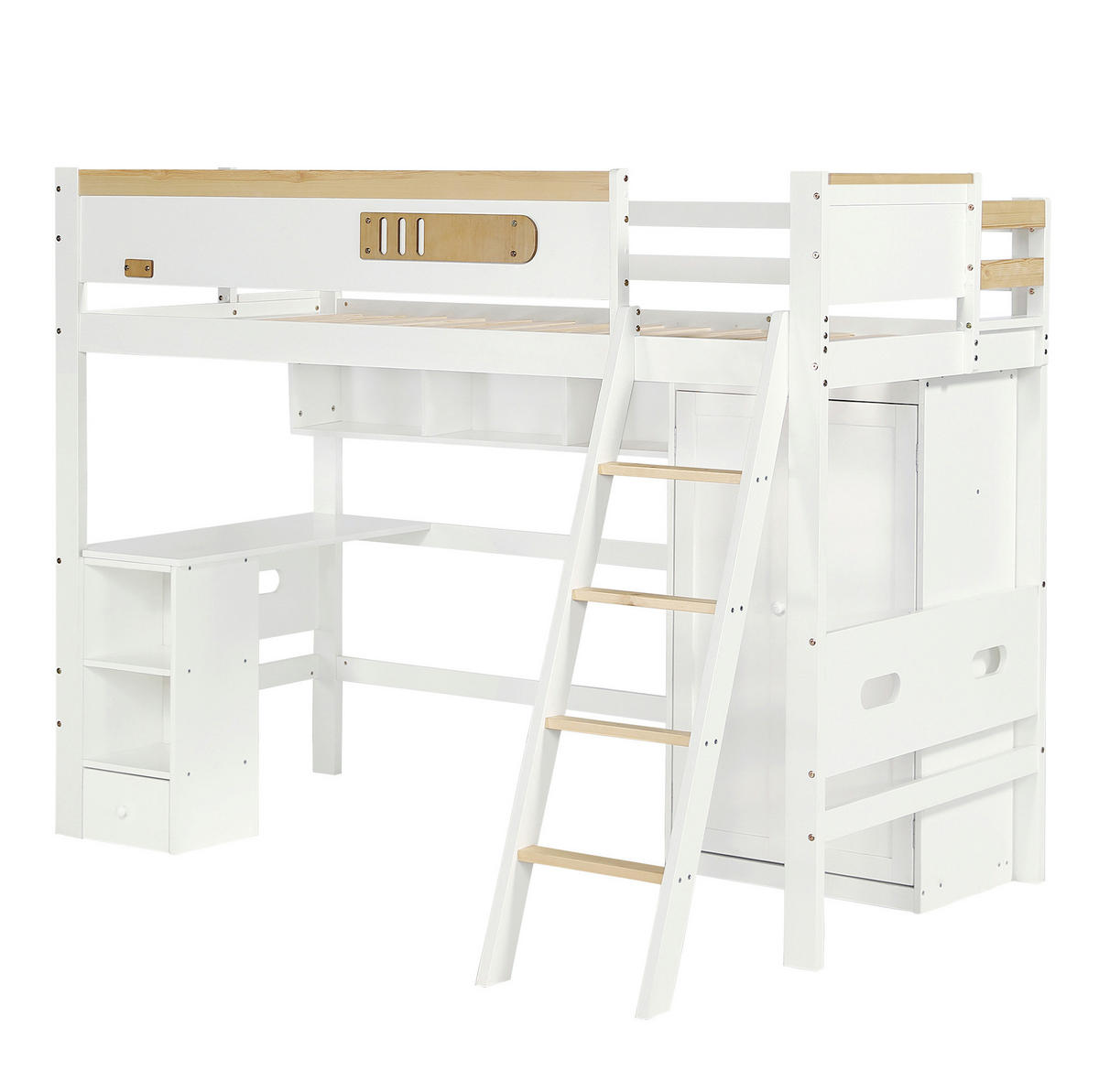 ETAGENBETT 90/200 cm, Weiß/Natur mit Tisch und Kleiderschrank - Weiß, Holz (90/200cm) - MIVRAY