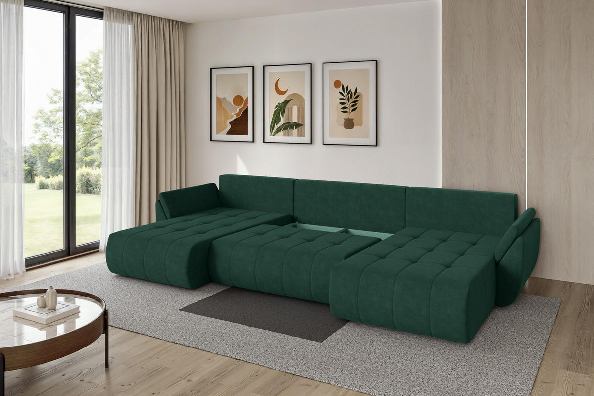 SEDACÍ SOUPRAVA DO U s funkcí spaní a úložným prostorem TOKO-U 378x194x86 zelená velur - černá/zelená barva, kompozitní dřevo/textil (378/86/194cm) - ALTDECOR
