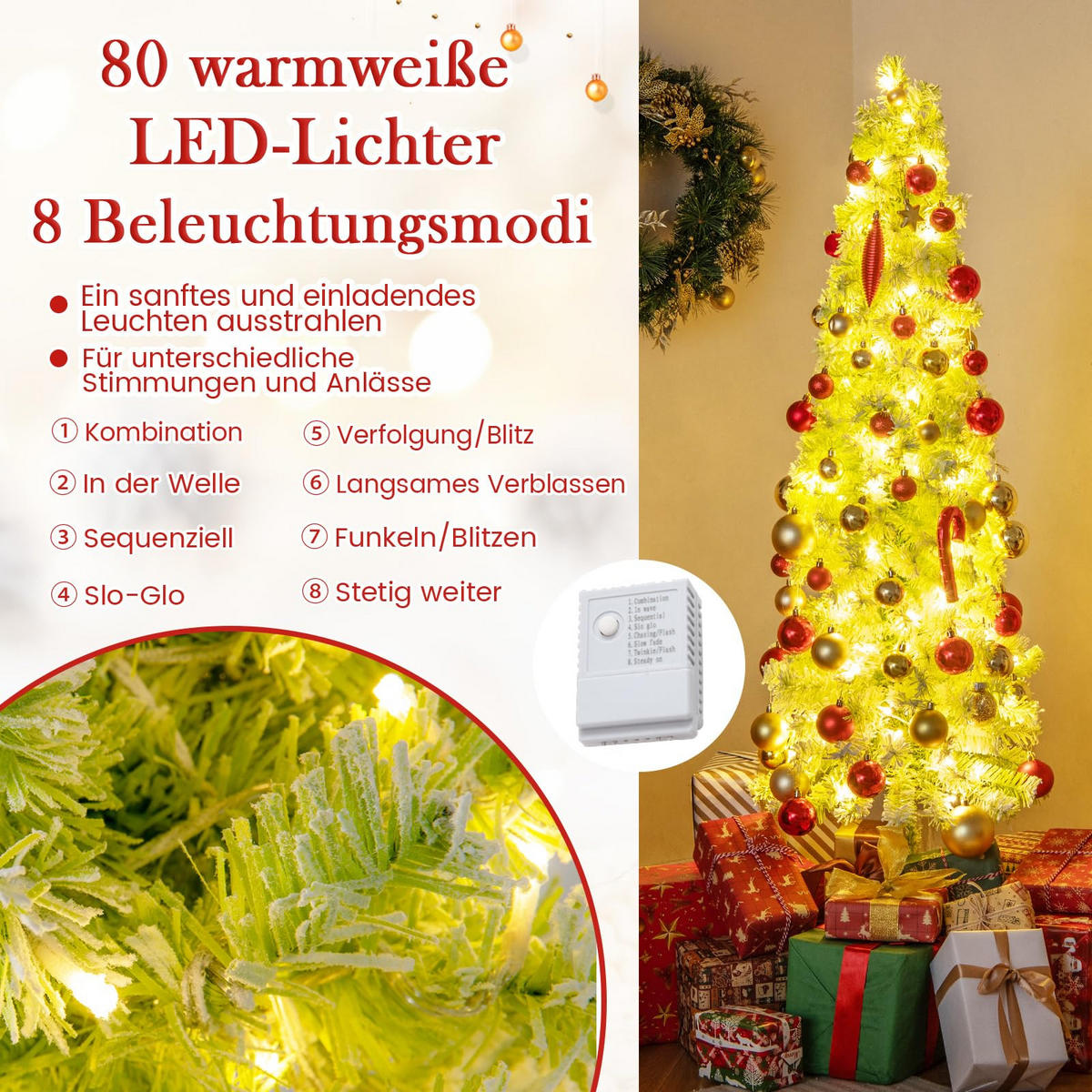 WEIHNACHTSBAUM mit 8 Lichtmodi Beleuchtung und Schnee biegbarer Spitze 150 cm grün - Grün, Metall (150cm) - COSTWAY