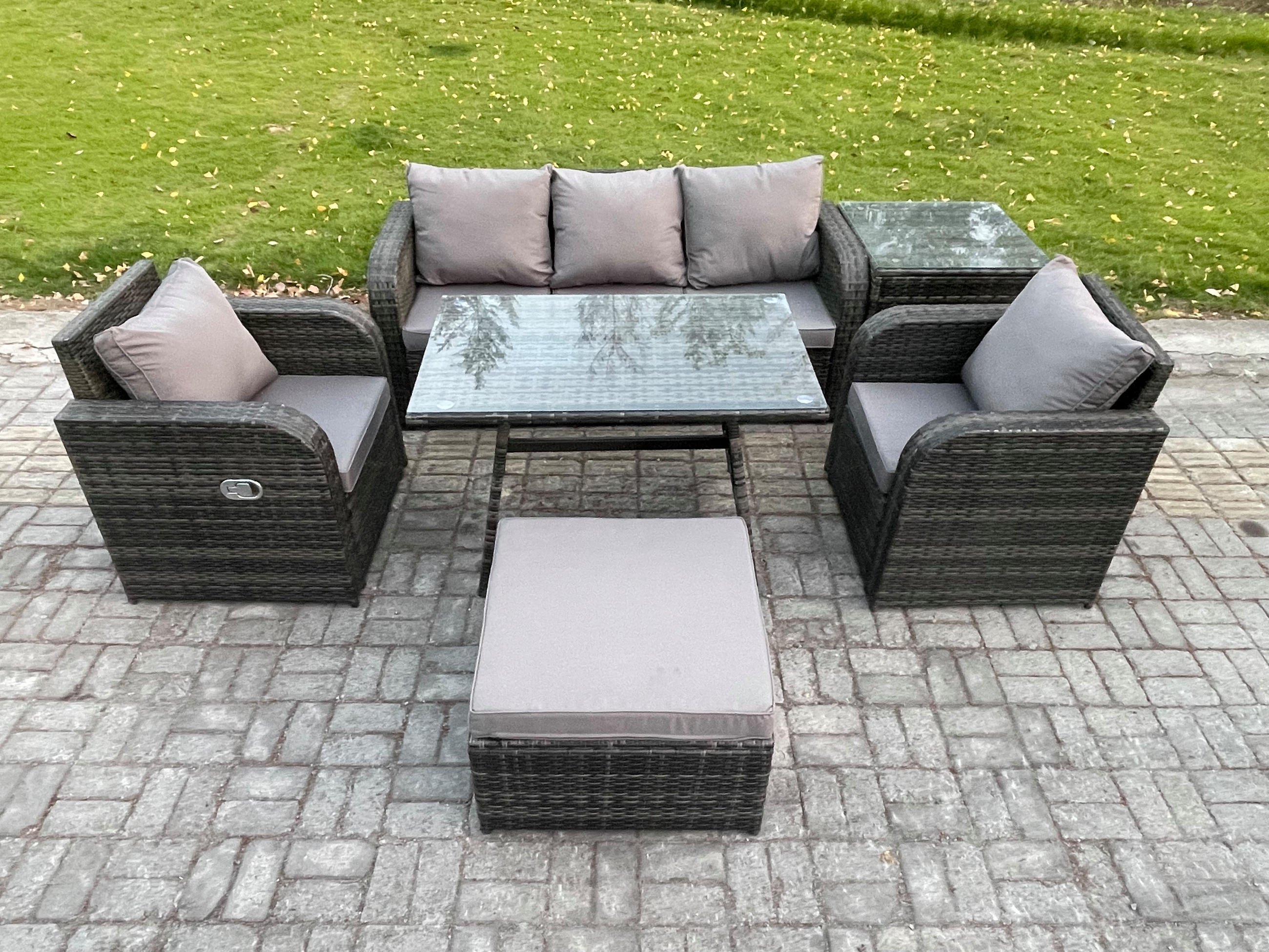 GARTENMÖBEL SET mit COUCHTISCH Polyrattan Dunkelgrau 6-Sitzer - Dunkelgrau/Grau, Glas/Kunststoff - Fimous