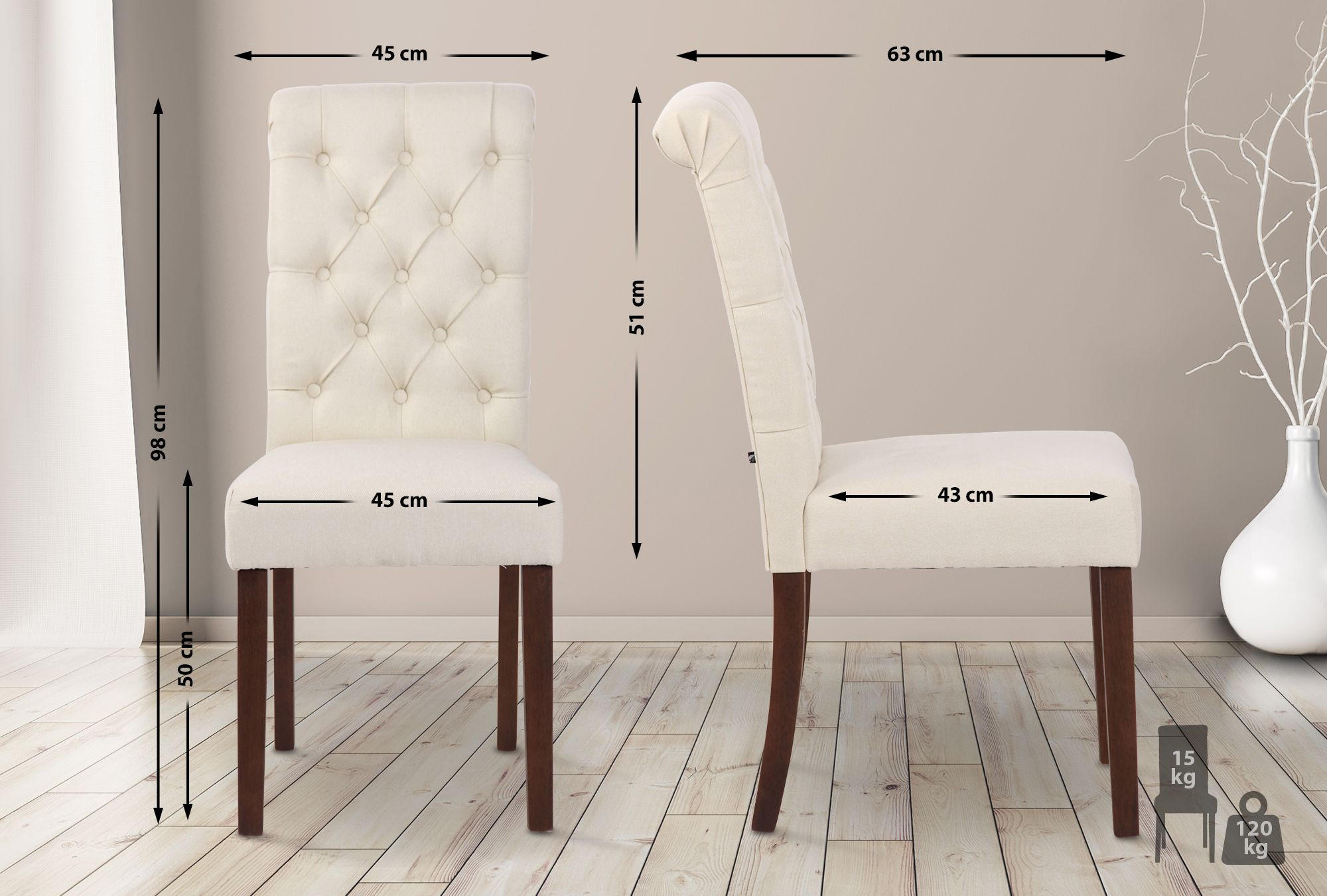 STUHL Stoff creme - Walnussfarben/Creme, Holz/Textil (45/98/63cm) - CLP