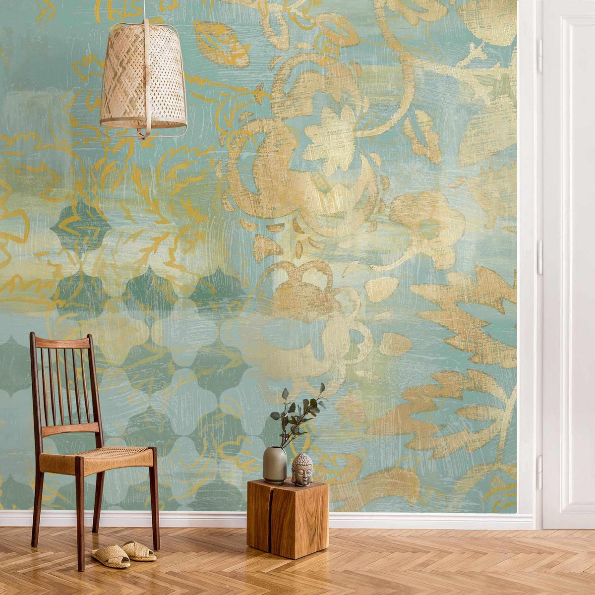 FOTOTAPETE Marokkanische Collage in Gold und Türkis II 240/240 cm - Goldfarben, Papier (240/240cm) - Bilderwelten