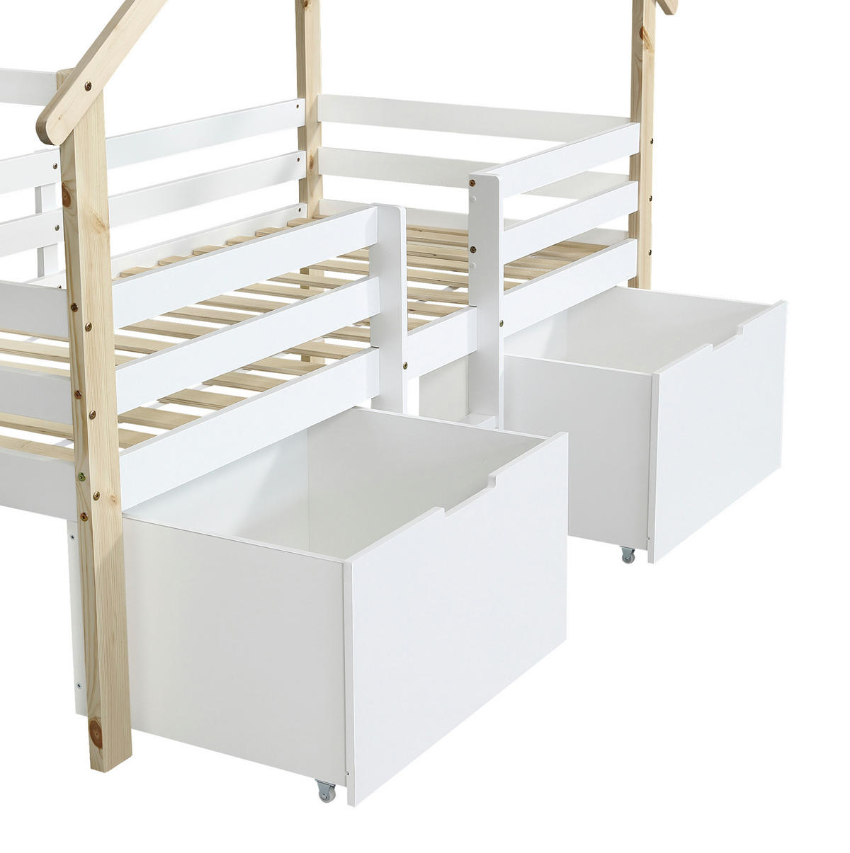 KINDEREINZELBETTEN aus Holz & MDF 90x200 cm in Weiß/Natur mit Treppe & 2 Fächern - Weiß, Holzwerkstoff (90/200cm) - Modfu