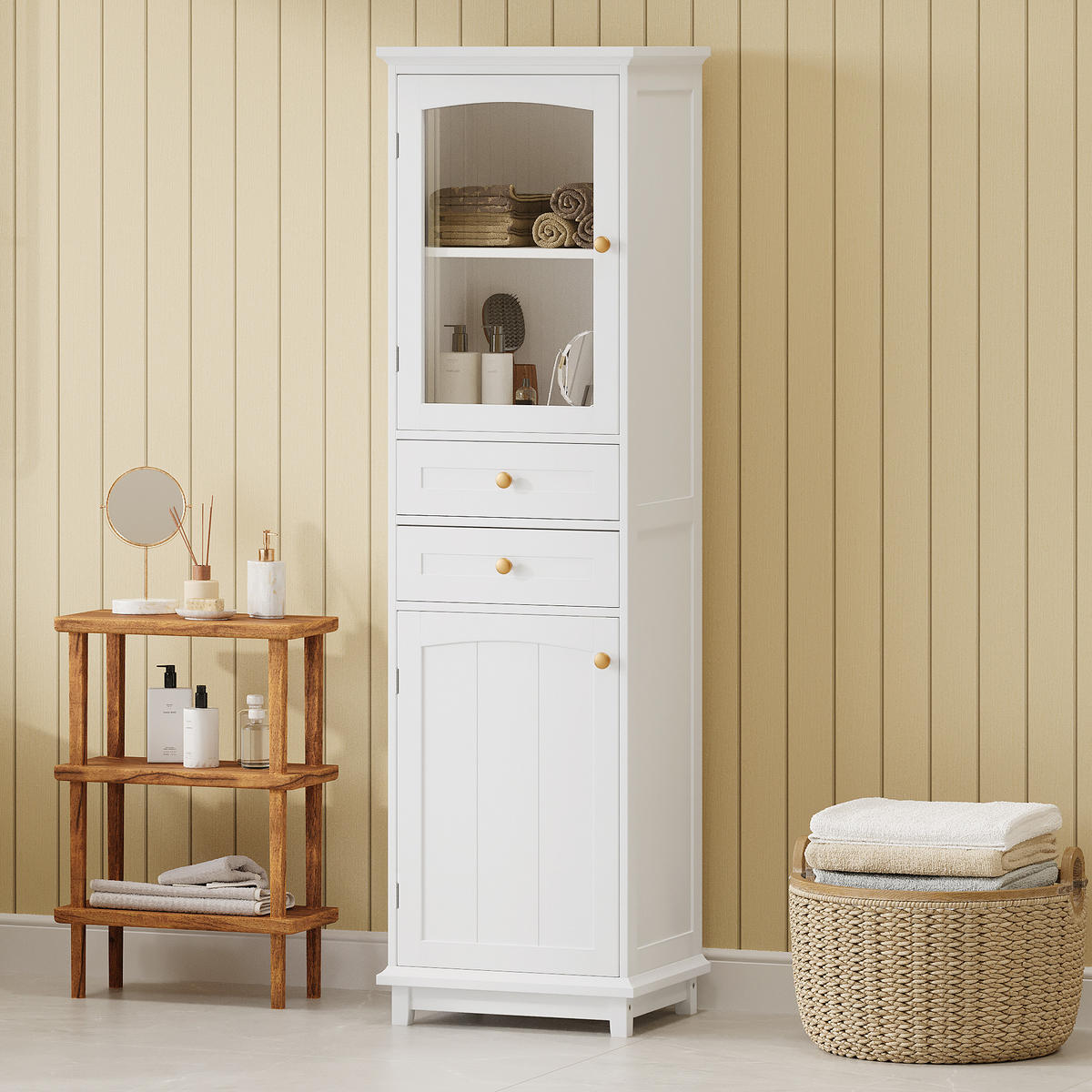 HOCHSCHRANK in Weiß Badezimmerschrank mit Glastüren und Schubladen für Badezimmer, B45/T36/H160 cm - Transparent/Weiß, Holzwerkstoff (45/160/36cm) - STILVORA