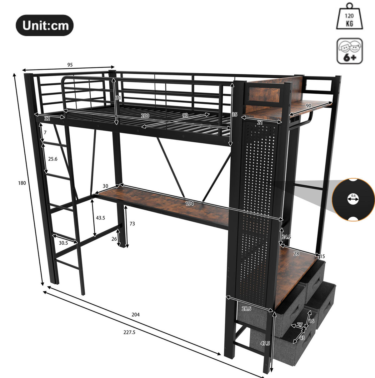 HOCHBETT 90/200 cm aus Metall und MDF mit Schreibtisch, LED-Leiste und 4 Schubladen Schwarz - Schwarz, Metall (90/200cm) - Modenvie