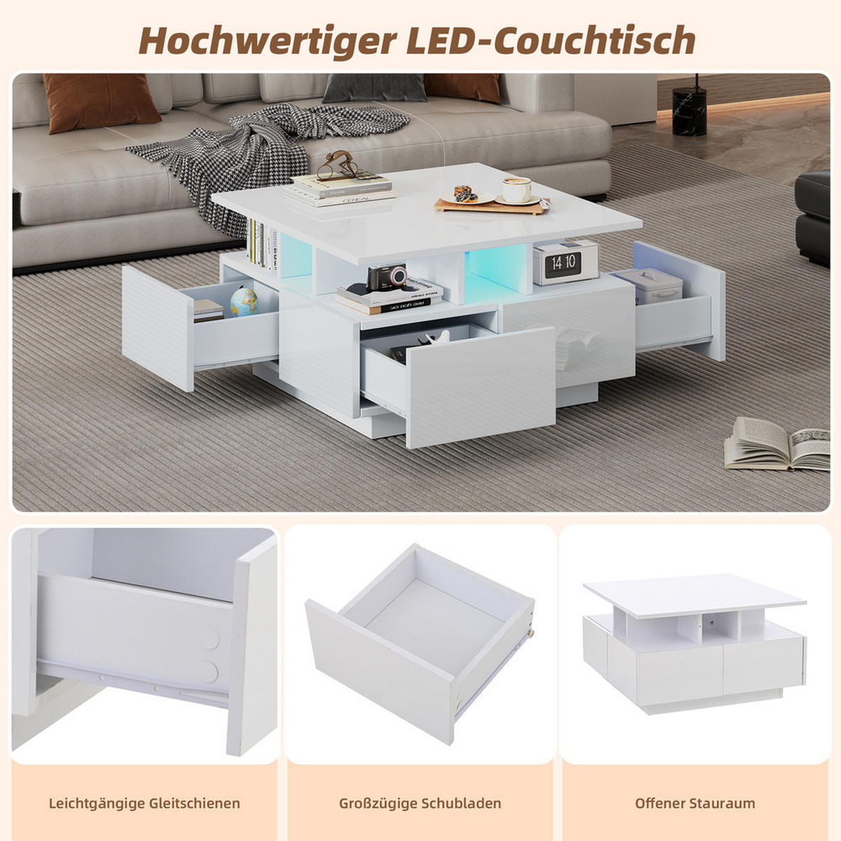 COUCHTISCH 70x70cm Weiß Hochglanz LED 4 Schubladen Geometrisch 30kg Belastung - Weiß, Holz (52.07/49.61/20.32cm) - FLIEKS