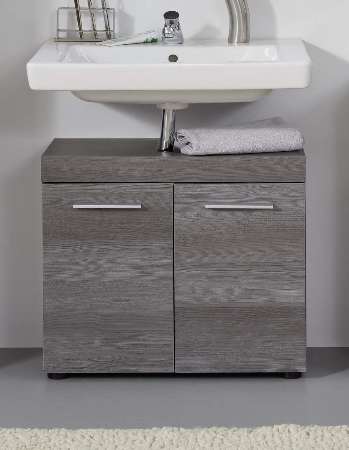 WASCHBECKENUNTERSCHRANK grau Rauchsilber 58 cm, Badschrank 2-türig - Silberfarben/Schwarz, Holzwerkstoff/Kunststoff (58/57/31cm) - Top.Furn