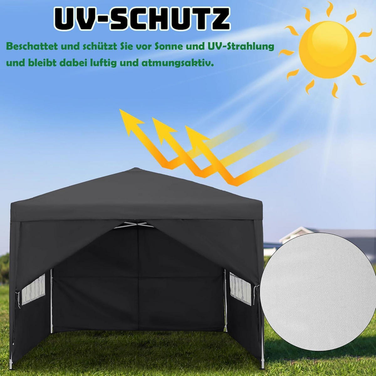 FALTPAVILLON 3 x 3 m Anthrazit mit 4 Seitenteilen und Fenstern - Schwarz, Textil (300/260/300cm)