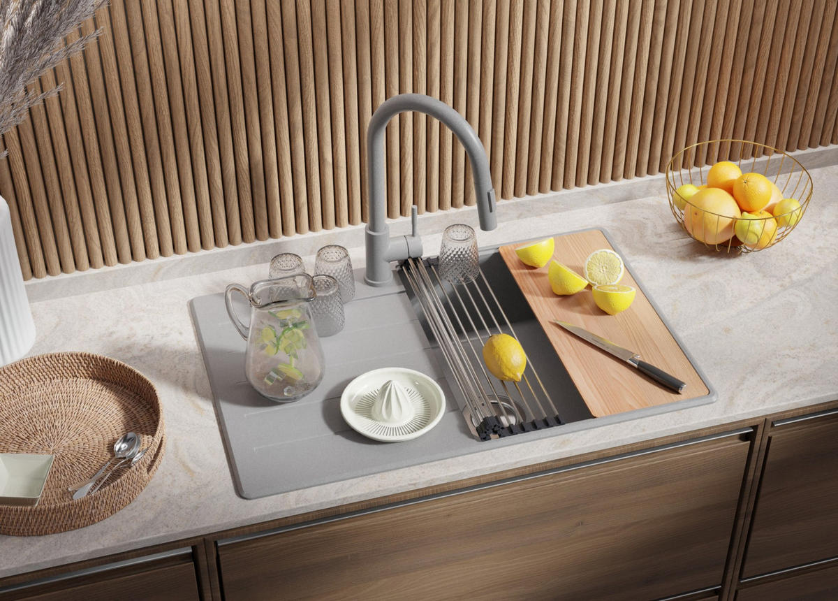 SPÜLBECKEN Kopenhagen, 2-er set Grau 78/50 cm 1 Becken + Ablauf-Set + Schneidebrett ab 50er Unterschrank - Chromfarben/Beige, Kunststoff (78/20/50cm) - Primagran