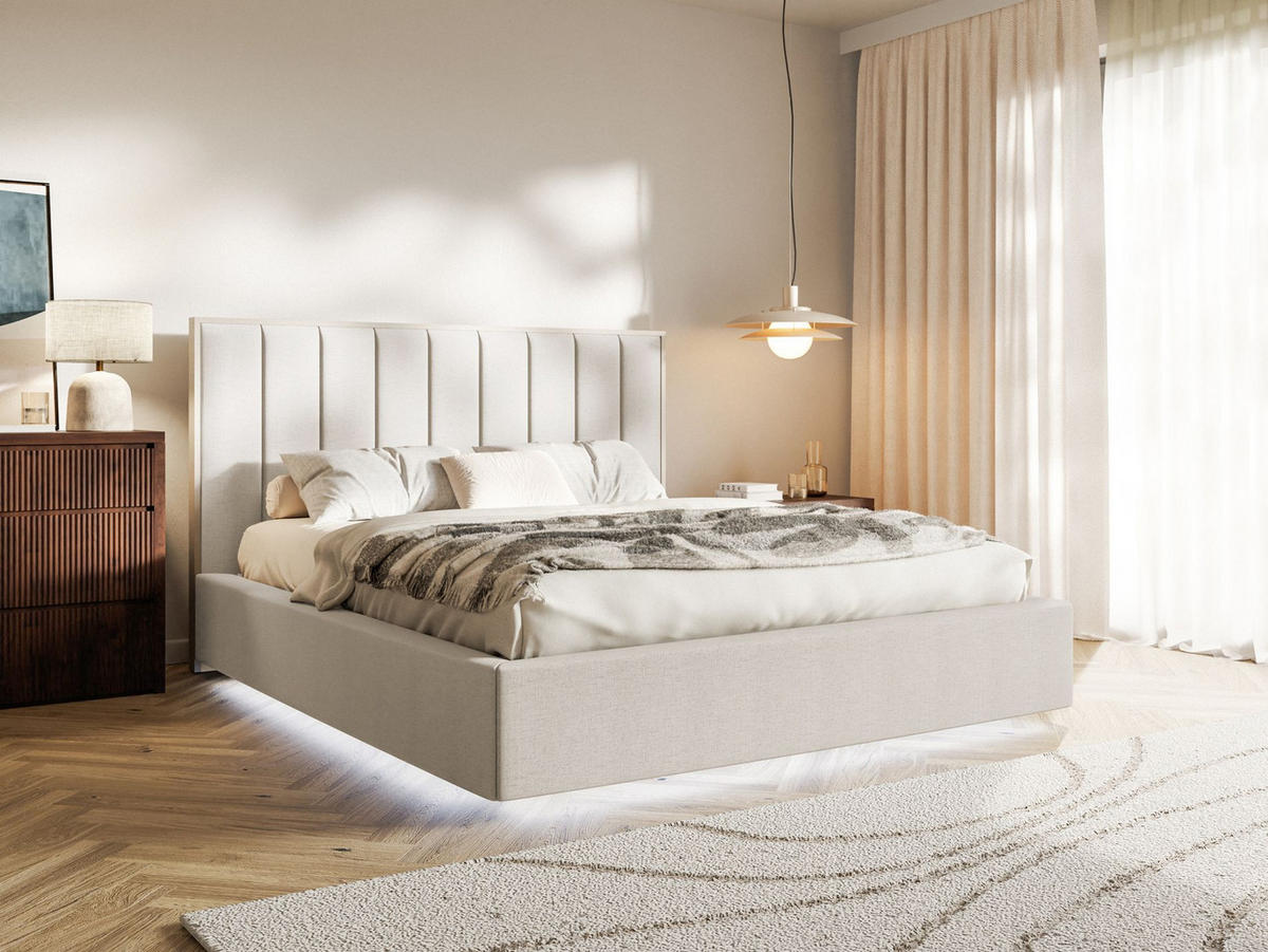 POLSTERBETT Togents Hellbeige mit Chenillebezug, Bettkasten und LED, 180x200 cm - Ecru, Textil (180/200cm) - Selsey