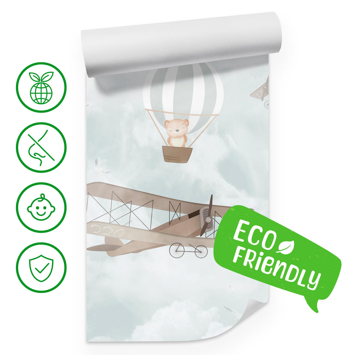 FOTOTAPETE für Kinderzimmer Ballons Tiere Wolken Flugzeuge Fantasie Retro 350x256 - Beige/Braun, Papier (350/256cm) - Muralo