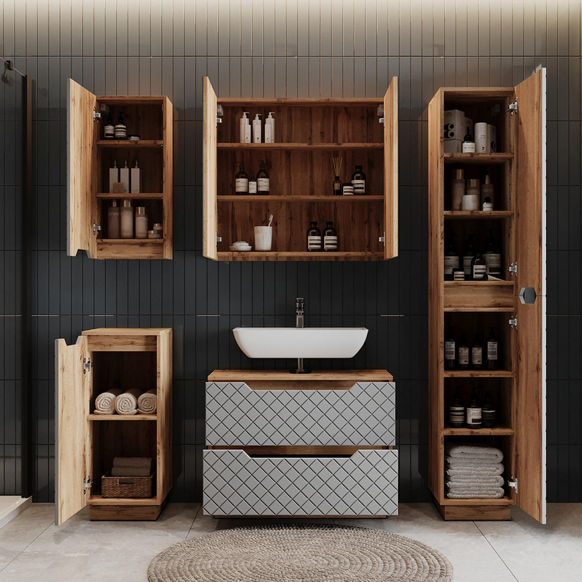 WASCHBECKENUNTERSCHRANK Lotta Eiche/Grau mit Kachelstruktur 79.6 x 62.5 cm mit 2 Schubladen - Eichefarben/Grau, Holzwerkstoff (79.6/62.5/32cm) - Vicco