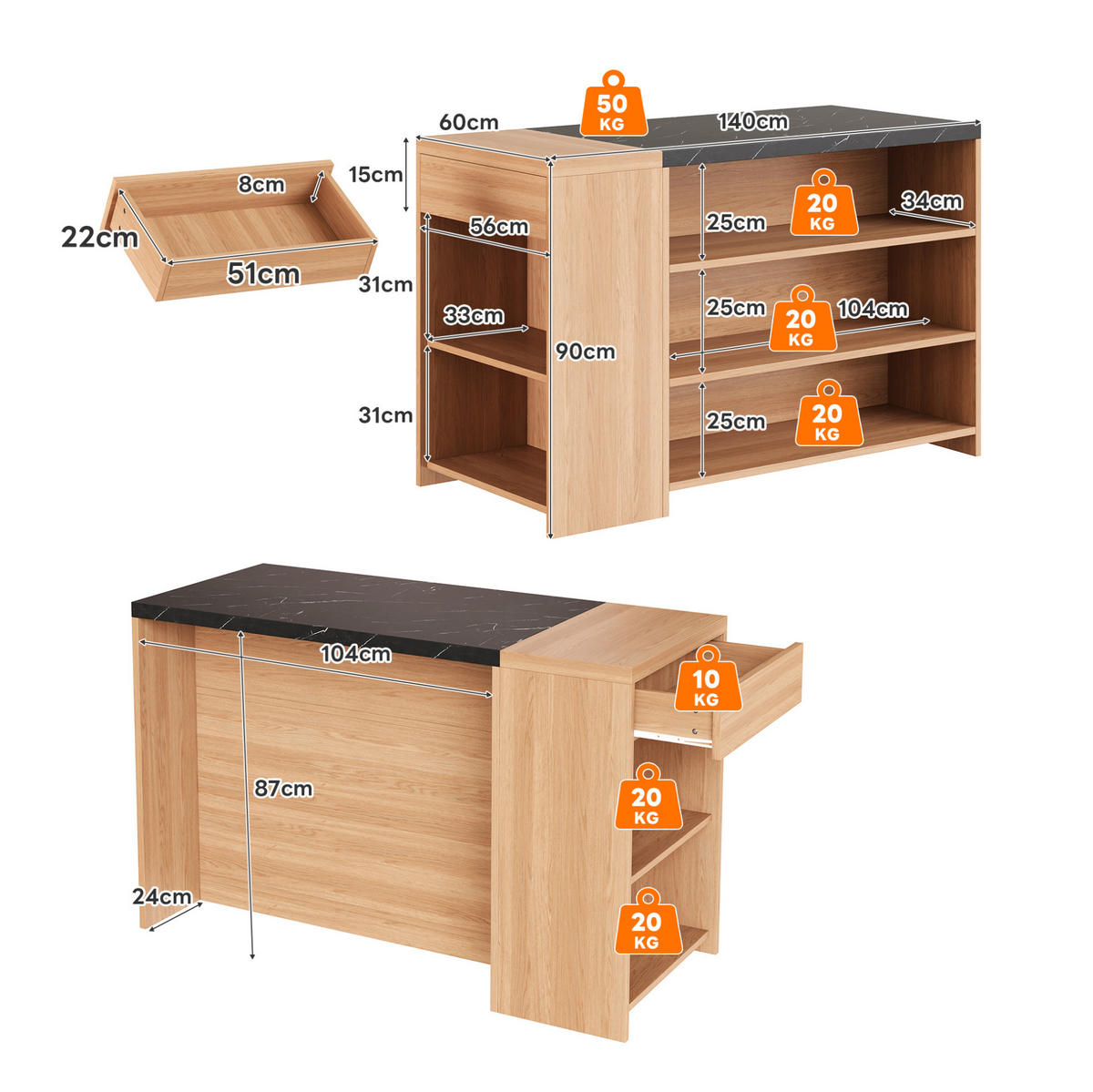 KÜCHENINSEL mit Stauraum 140x60x90 cm Eicheoptik Schwarz - Schwarz, Holz (60/90/140cm) - Beauniv