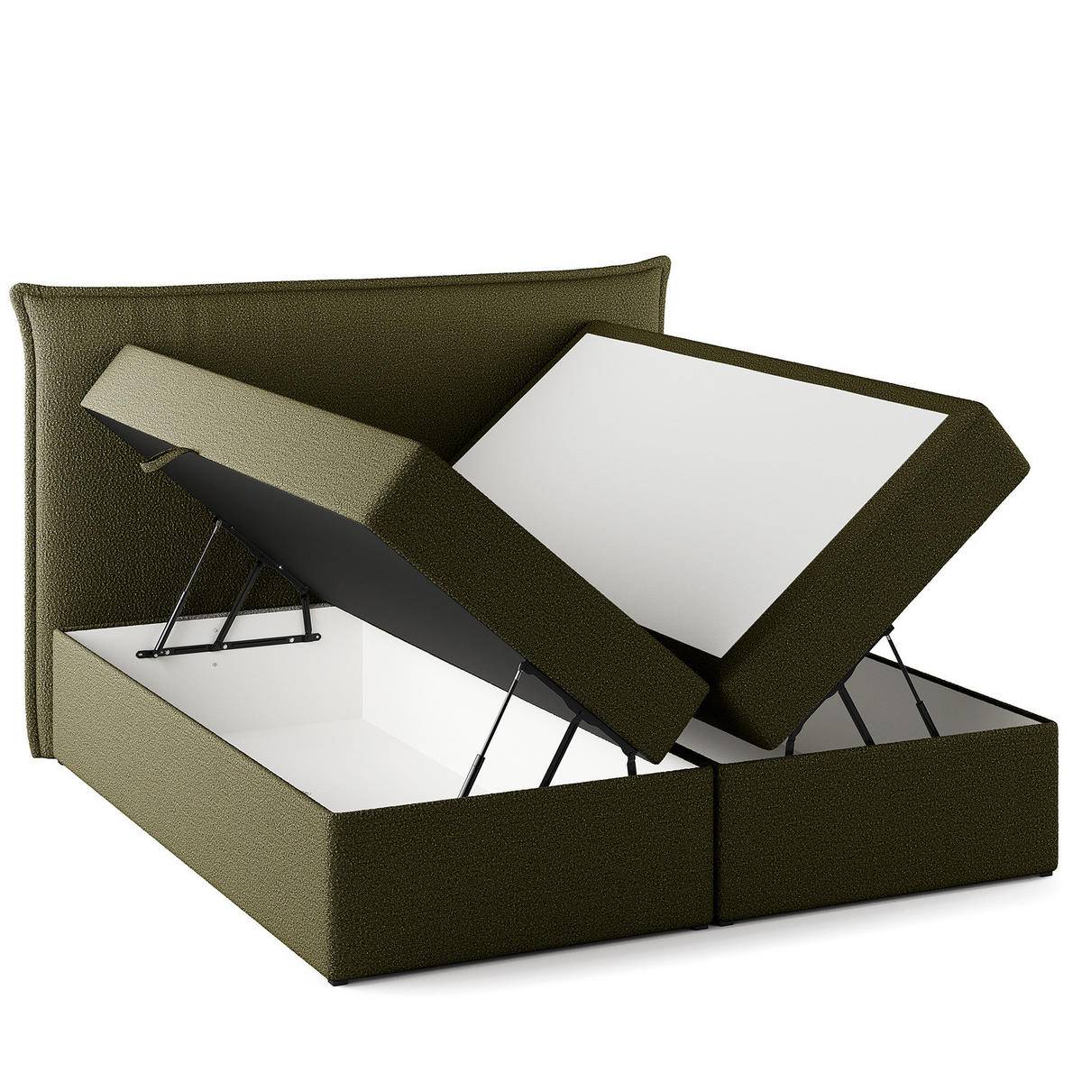 BOXBETT mit Stauraum - Bouclé - Olivgrün, Holzwerkstoff/Textil (180/200cm) - home24