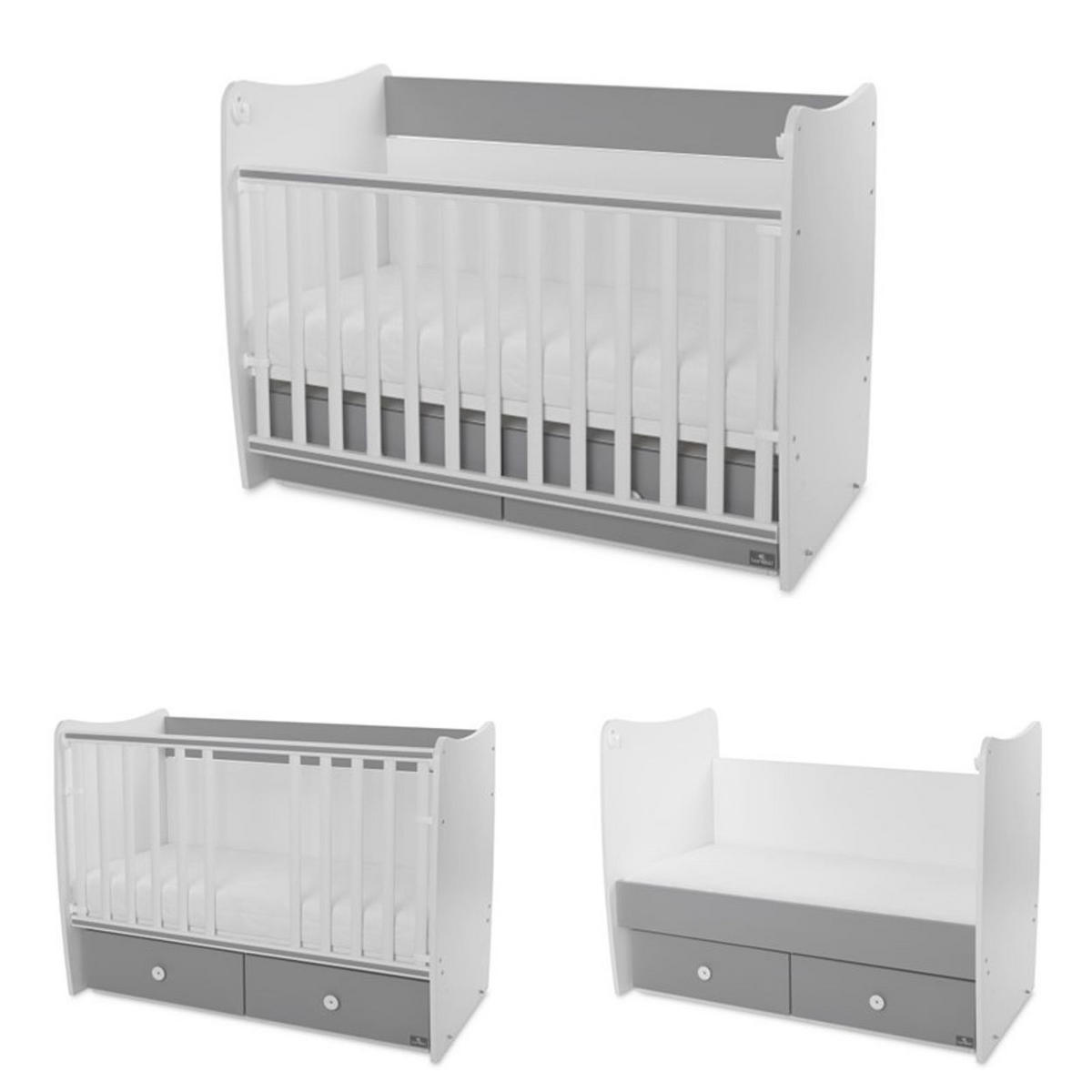 BABYBETT MATRIX NEW 120 x 60 cm grau 120 x 60 cm, Schaukelfunktion, 2 Schubladen, 2 Ebenen, Schlupfsprossen - Grau, Holzwerkstoff (60/120cm) - Lorelli
