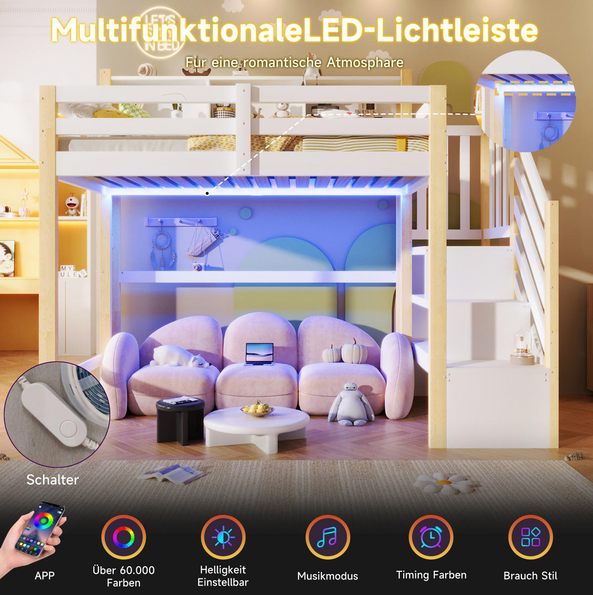 HOCHBETT 90/200 cm mit LED-Beleuchtung, Stauraumtreppe und offenem Staufach, Weiß/Natur - Weiß, Holz (90/200cm) - Redom