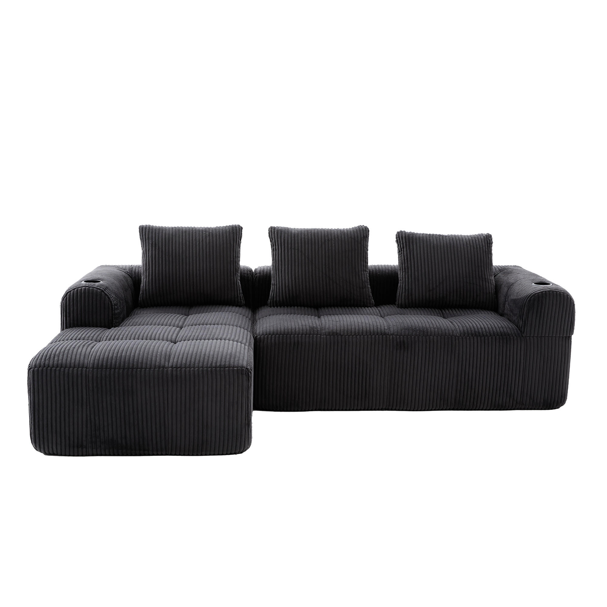 ECKSOFA Cord Dunkelgrau mit Becherhaltern, Seitentaschen und mit 3 Kissen - Dunkelgrau, Textil (253/158cm) - WISHDOR