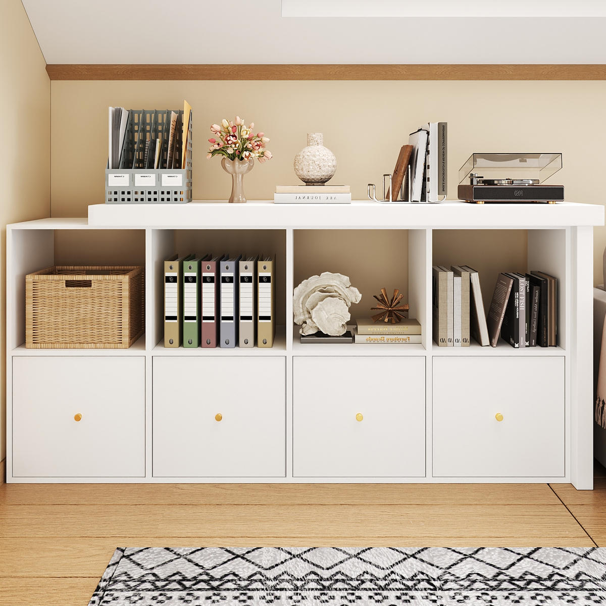 PISAĆI stol od MDF-a 140x35x74 cm bijela s okretnom pločom 360°, 4 pretinca, 4 ladice i zaštitom od prevrtanja - bijela, drvni materijal (140/74/35cm) - Modfu
