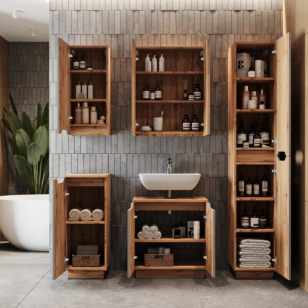 BADMÖBEL-SET Lotta Eiche/grau gestreift 2 Teile - Eichefarben/Grau, Holzwerkstoff (59.8/62.1/32cm) - Vicco