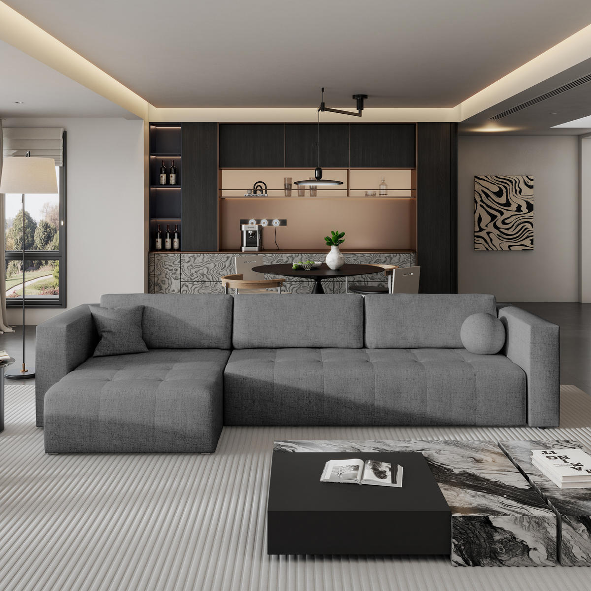 ECKSOFA OLVERA Grau Geflochtener Stoff mit Schlaffunktion - Grau, Holz (347/148cm) - MASSENO