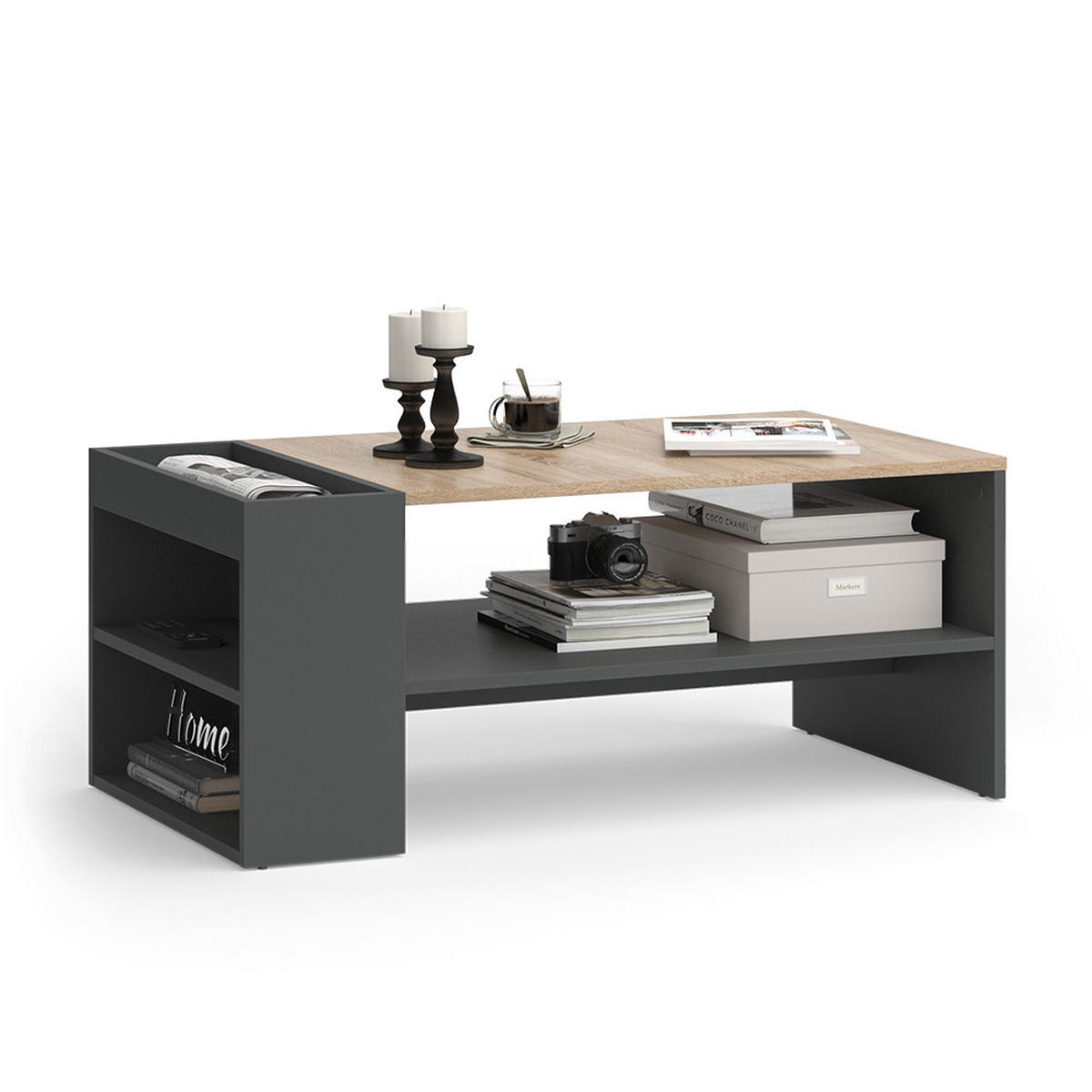 COUCHTISCH Wido Anthrazit/Sonoma 100 x 55 cm mit Regalen - Anthrazit, Holzwerkstoff (55/100/42cm) - Vicco