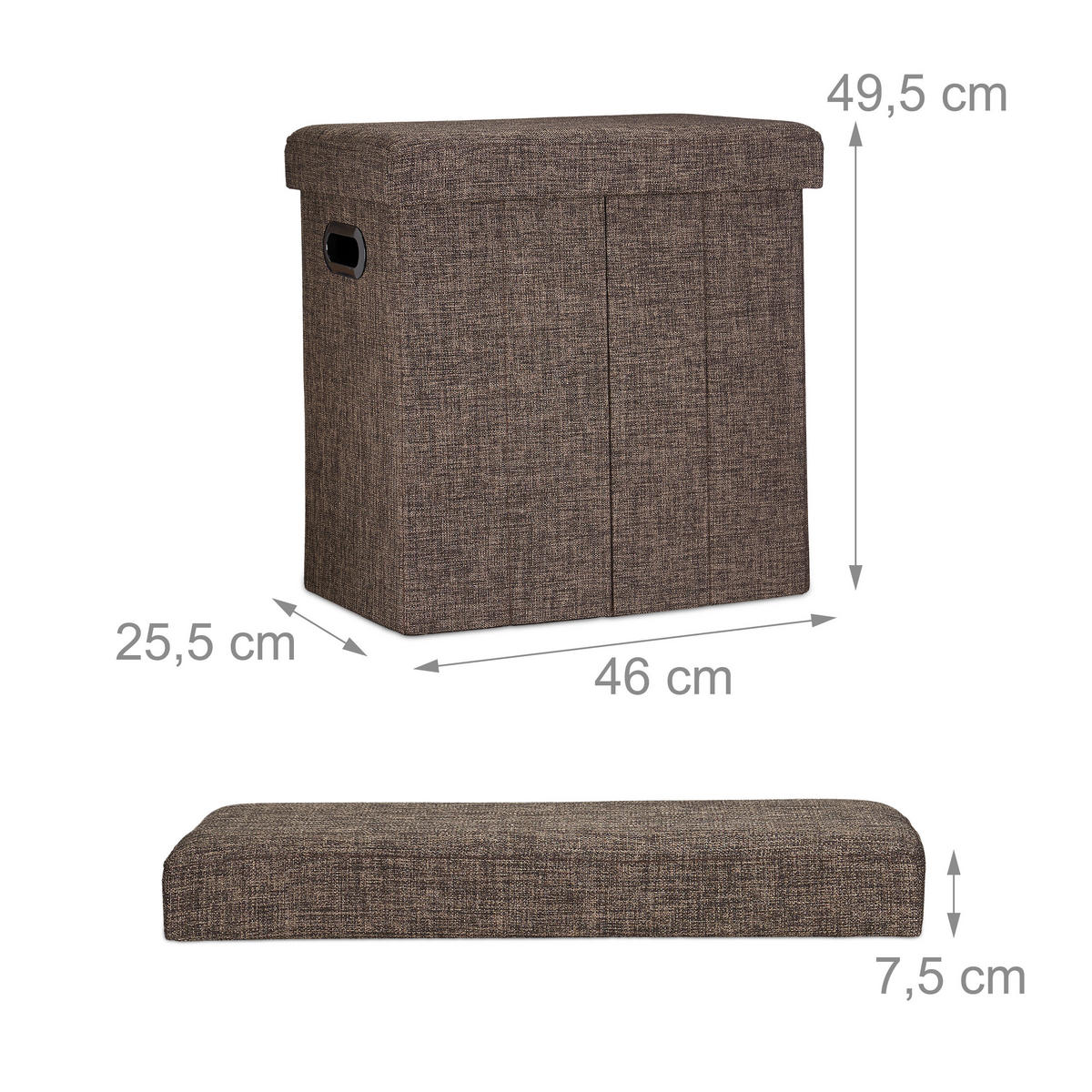 TABURET Smeđa sklopivi s prostorom za pohranu - smeđa, drvni materijal/tekstil (46/49.5/25.5cm) - Relaxdays