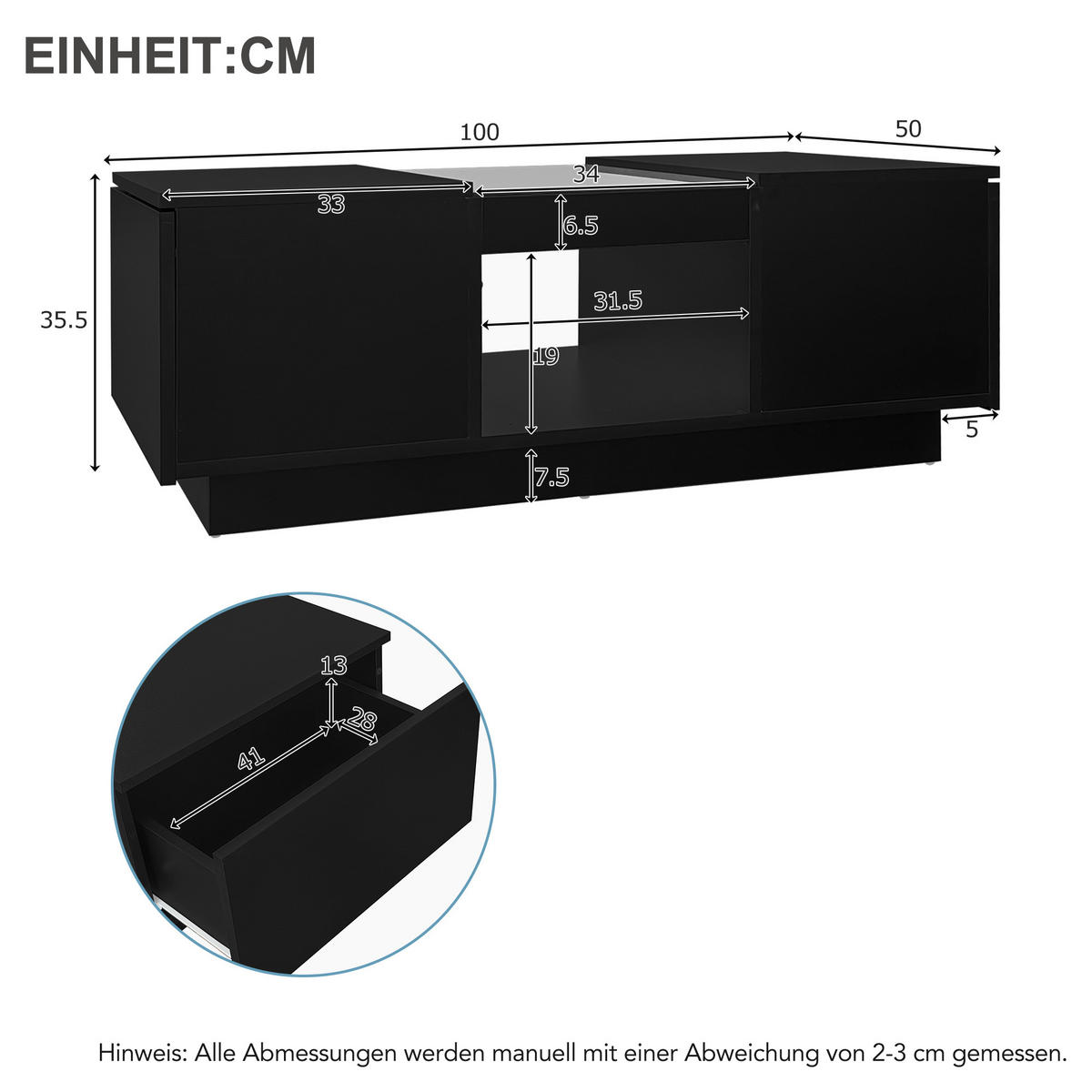 COUCHTISCH DE-201 Schwarz mit LED-Beleuchtung - Schwarz, Holzwerkstoff (50/100/36cm) - ComfortXL