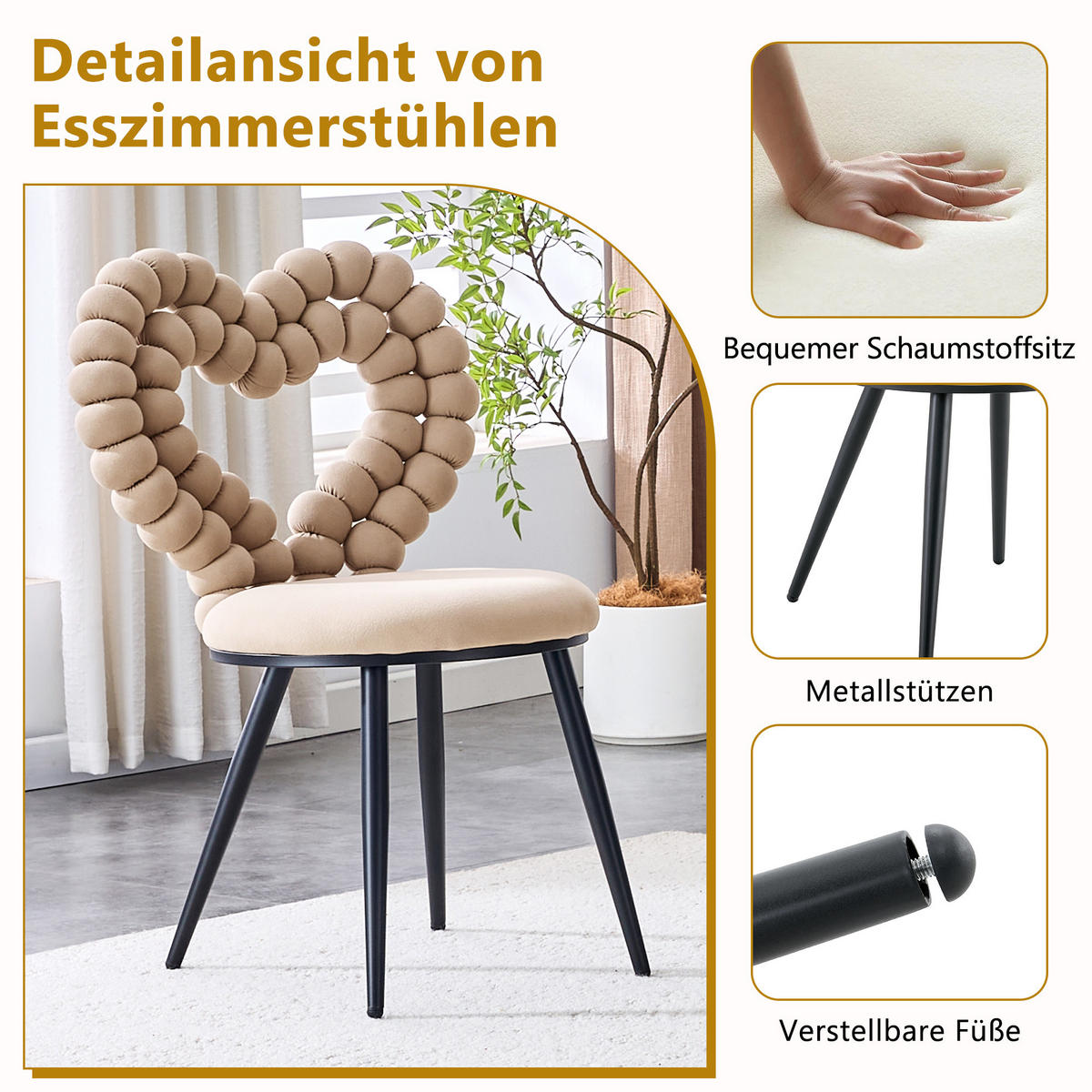 STÜHLE 2er-Set Esszimmerstuhl,Samt,Metall,Beige - Hellbraun, Textil (54/81/44cm) - LVHOM