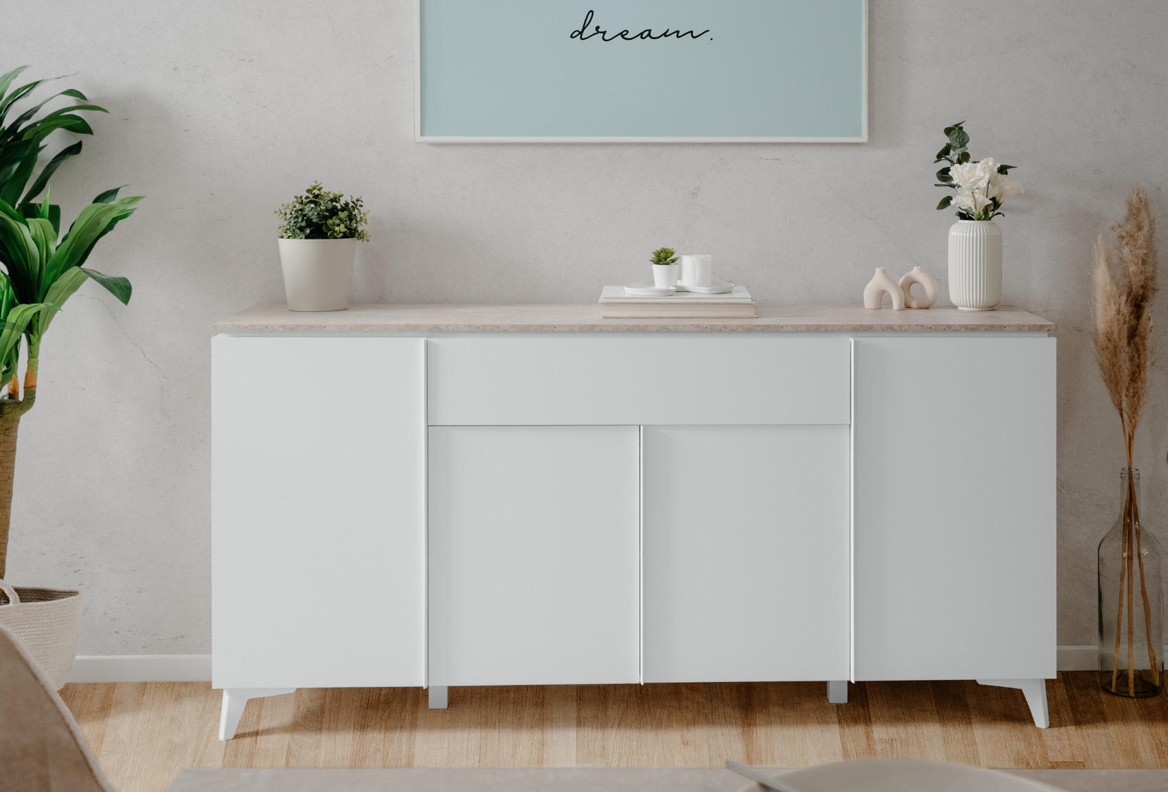 SIDEBOARD weiß, Sandstein 177 cm, Kommode 4-türig - Weiß, Holzwerkstoff/Kunststoff (177/92/40cm) - Furn.Design