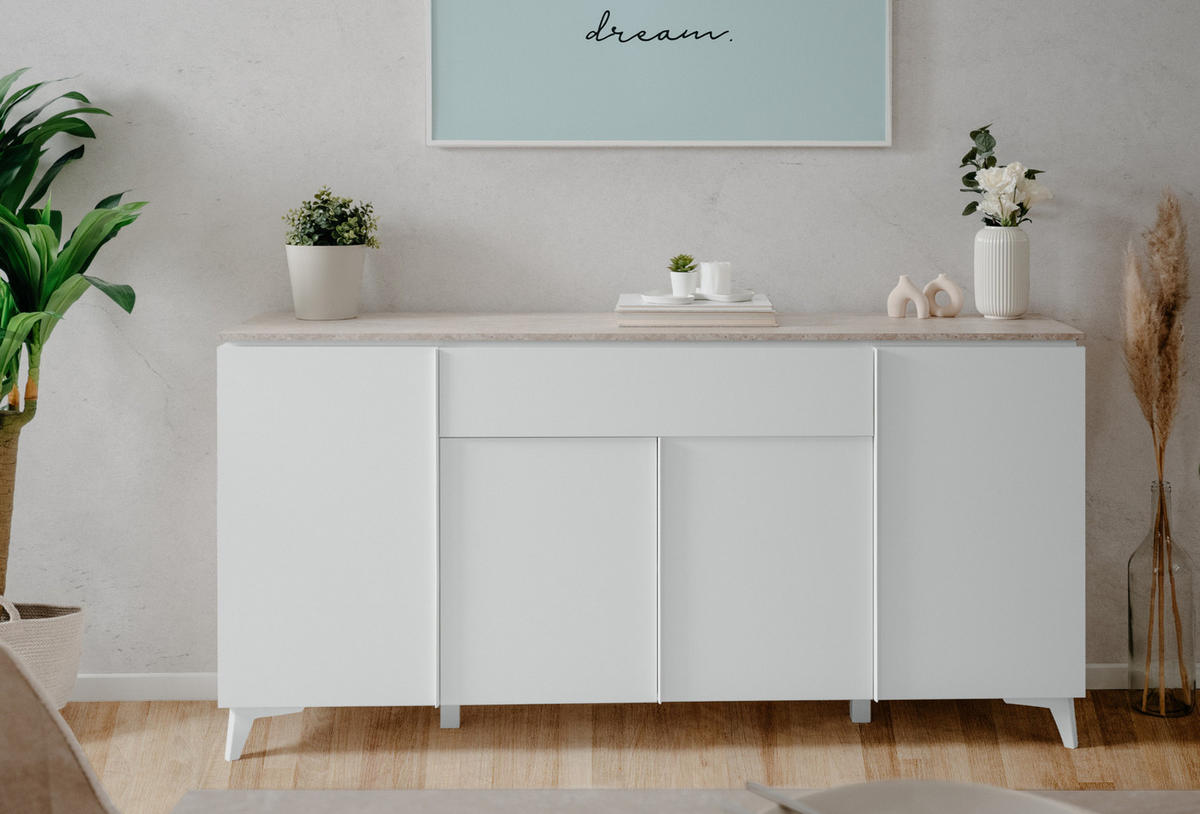SIDEBOARD weiß, Sandstein 177 cm, Kommode 4-türig - Weiß, Holzwerkstoff/Kunststoff (177/92/40cm) - Furn.Design