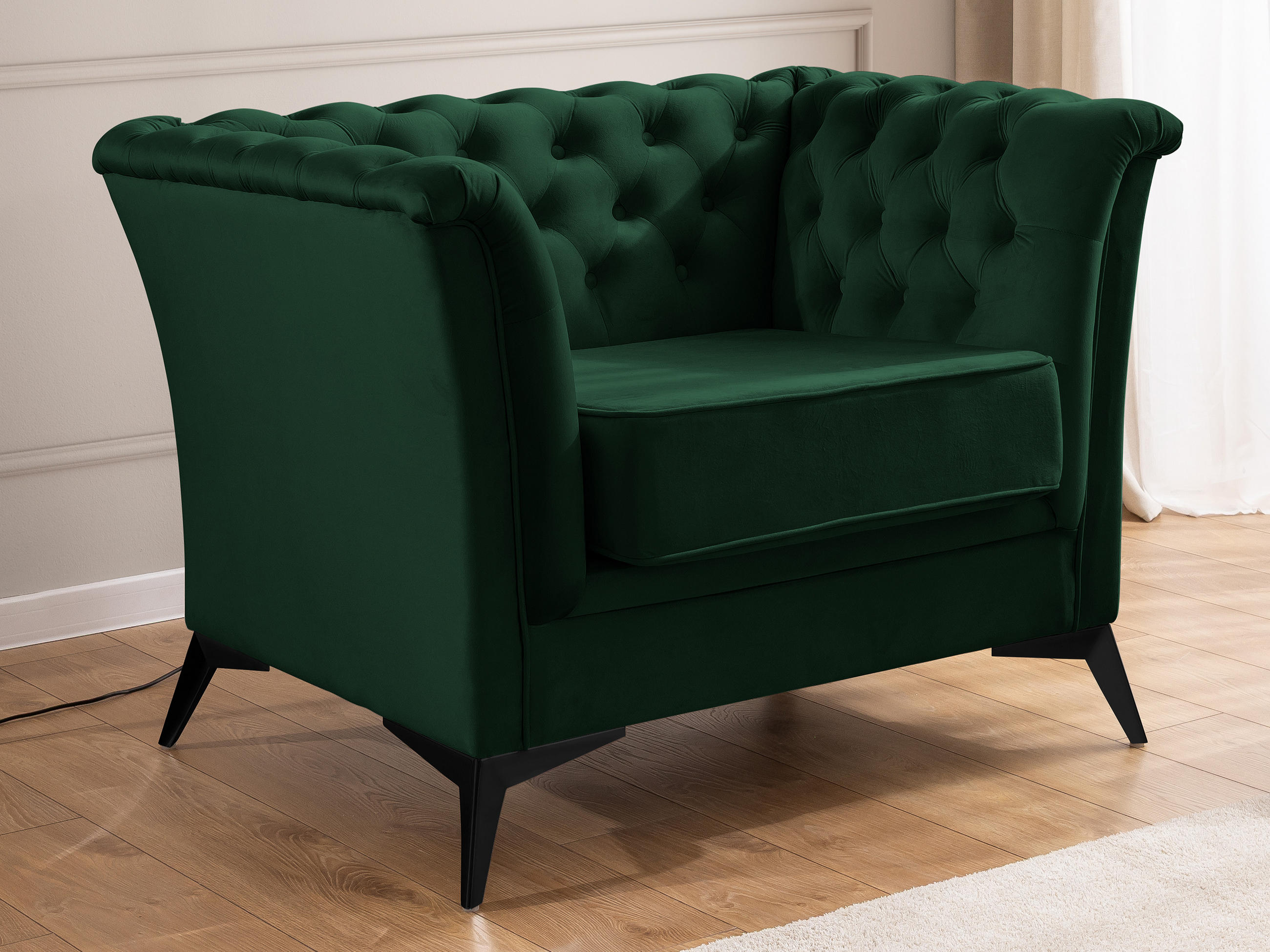 CHESTERFIELD-SESSEL Whitby Flaschengrün Samt mit schwarzen Füßen - Dunkelgrün/Schwarz, Holz/Textil (116/78/82cm) - S-Style Möbel