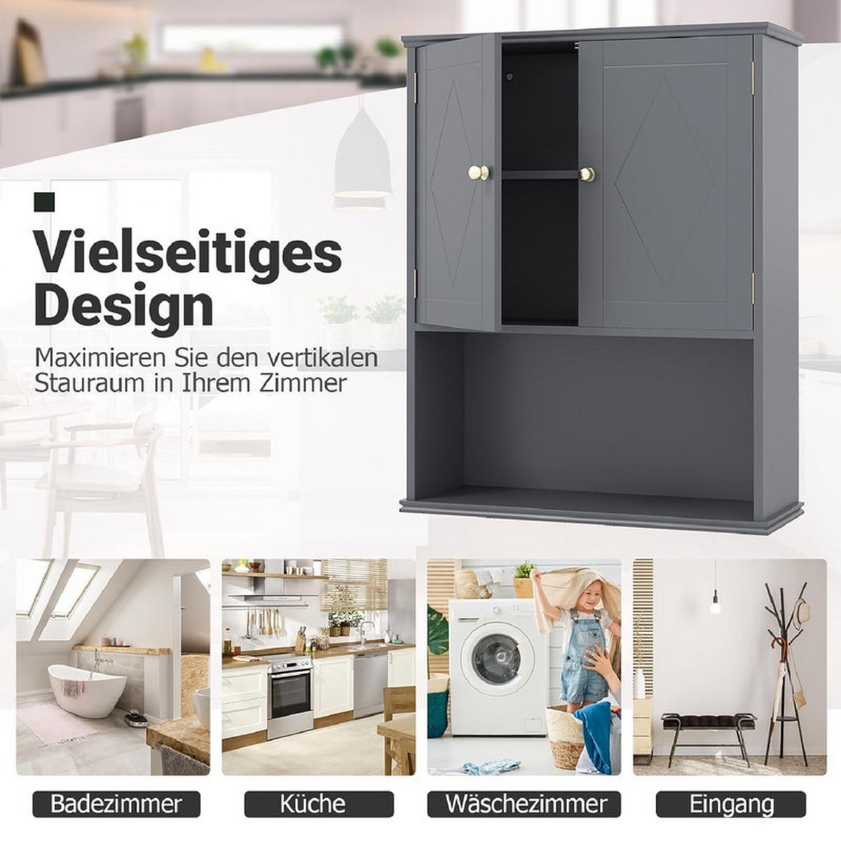 BAD-HÄNGESCHRANK mit 2 Türen grau - Grau, Holzwerkstoff (60/75/21cm) - COSTWAY