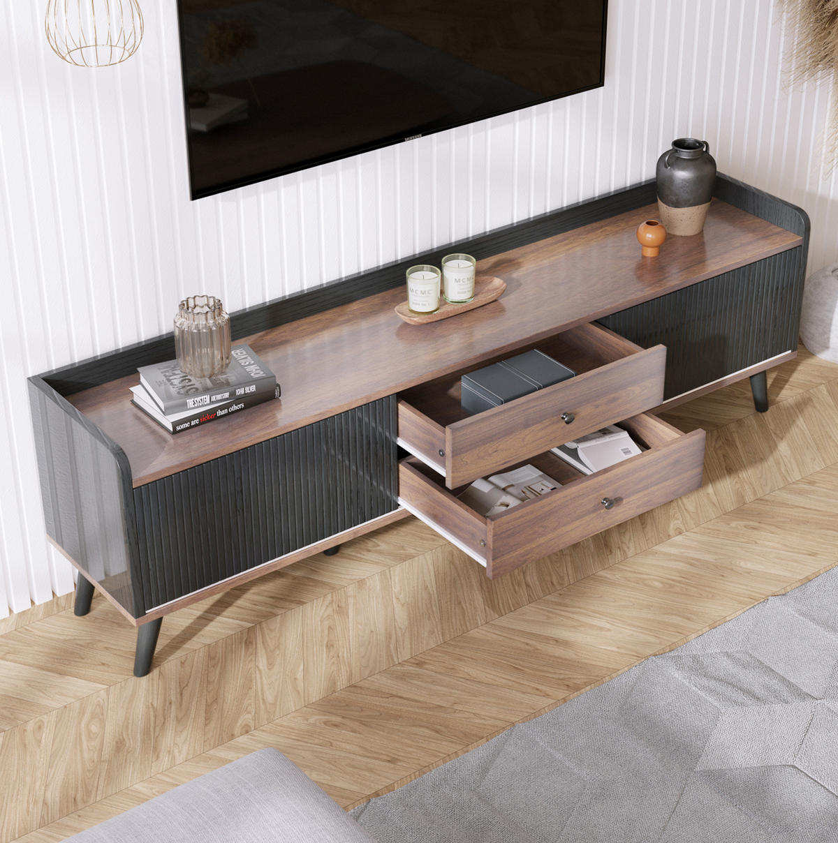 TV-SCHRANK mit zwei Schubladen, Schwarz und Holz 160/40/58 cm - Schwarz, Holzwerkstoff (160/58/40cm) - Redom