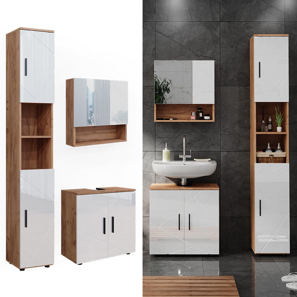 BADMÖBEL-SET Irma Weiß Hochglanz/Goldkraft Eiche 3 Teile mit Hochschrank - Weiß Hochglanz/Eiche Wotan, Holzwerkstoff (80/58.6/41cm) - Vicco